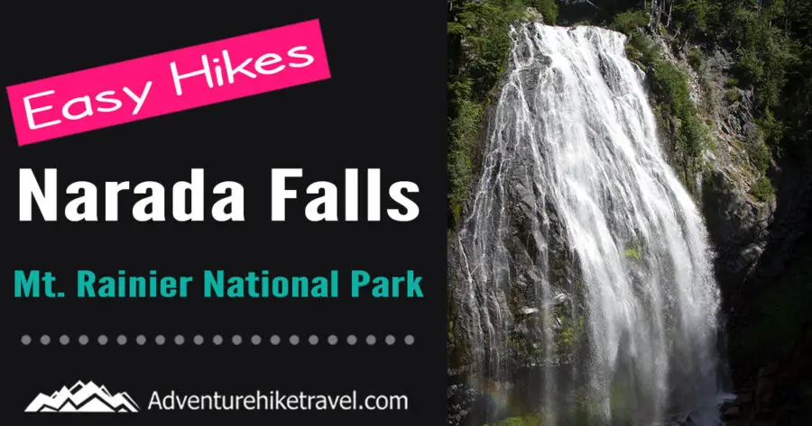 Narada Falls (Paradise / Mt. Rainier Hikes) Narada Falls should be a priority stop on your way to see Mount Rainier. This stunning horsetail waterfall is only a 0.1 mile walk downhill to the viewpoint and 0.2 mile total round trip. Just an easy 5-10 minute trek for one incredible view.