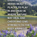 30 Inspirational Sayings and Quotes about Nature: “Everybody needs beauty...places to play in and pray in where nature may heal and cheer and give strength to the body and soul alike.” ― John Muir