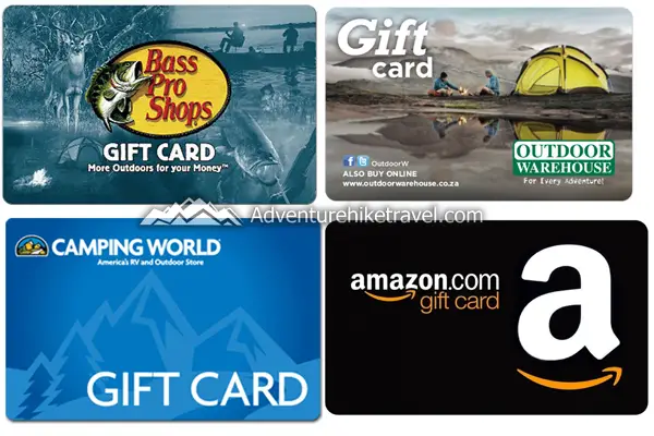 7 ways to save money on hiking and camping. Gift Cards. Christmas and Birthdays! Let family know which gift cards you want most! When family and friends ask you what you would like for your birthday or for other holidays, instead of replying I don’t know or I’m good with whatever, suggest a gift card. Some ideas (REI, Amazon, Bass Pro, Cabela’s, North Face, Eddie Bauer, Camping World, Field & Stream) Even if it’s only 5 bucks, every little bit counts and can help bring down that expensive price tag on gear. Every Amazon gift card I have gotten over the years has been used for hiking and camping gear.