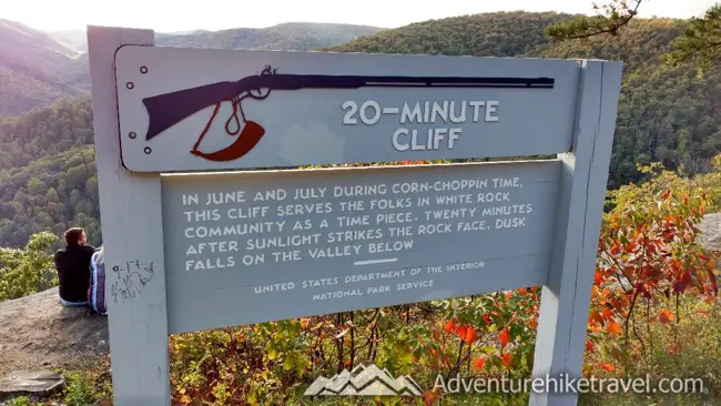 "20-Minute Cliff" off of the Blue Ridge Parkway. "In June and July, during corn-choppin' time, this cliff serves the folks in White Rock community as a time piece. Twenty minutes after sunlight strikes the rock face, dusk falls on the valley below."