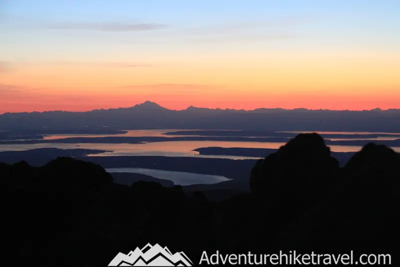 View from Mt. Townsand in Olympic National Park in Washington State at Sunrise. San Juan Islands, Mt Baker