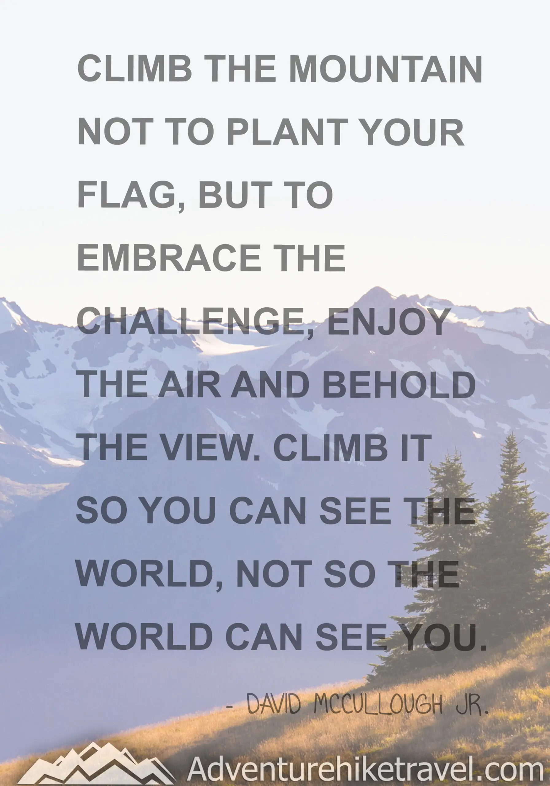 "Climb the mountain not to plant your flag, but to embrace the challenge, enjoy the air and behold the view. Climb it so you can see the world, not so the world can see you." -David Mccullough JR. #hiking #quotes #inspirationalquotes #hikingquotes #adventurequotes #outdoors #trekking