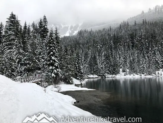 New to snowshoeing? Or just need a fun day-trip getaway? Try snowshoeing the Gold Creek Pond Trail east of Snoqualmie Pass in Washington State. With easy access just off I-90 at Exit 54, you can start snowshoeing through the tall evergreen trees on the edge of the Mount Baker-Snoqualmie National Forest just minutes after parking your car. #hiking #nature #mountains #adventure #travel #traveltips #experiencewa #snowshoeing #pacificnorthwest #wastate #nationalparks #ustravel