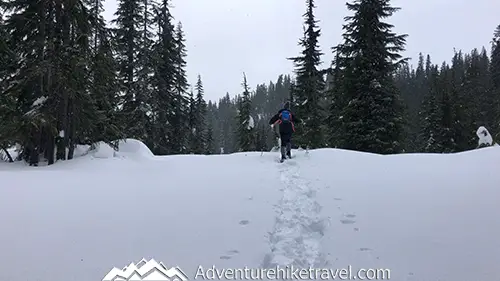 Looking for an easy snowshoeing destination with gorgeous views? Check out the Skyline Lake Trail in Washington State. This short yet steep hike has stunning mountain peaks and snow-covered boulder fields leading to a frozen lake. This is a great place to spend a fun-filled day in the mountains.