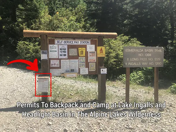 To go backpacking and stay overnight at Lake Ingalls and Headlight Basin you will need a backpacking permit. Overnight Backpacking Permits are free and located at the trailhead. At t the trailhead there is a box filled with these free self-issue fill-out-yourself permits. You fill out your information, like party leader, how many nights where you expect you will camp night 1, night 2, night 3, and so on, how many people are in your party, and other information.